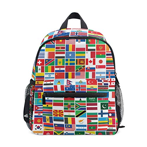 QMIN Mochila para niños, diseño de Bandera del Mundo, Bolsa de Hombro para niños pequeños para Escuela Preescolar, Bolsa de Viaje Elemental para niños y niñas