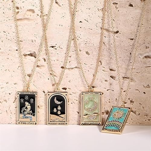 QQLADY Collares simbólicos de Cartas de Tarot Coloridas, Colgante de Carta de Tarot de Esmalte Cuadrado de Acero Inoxidable Chapado en Oro de 18k, Colgante de Sol y Luna (1pcs-j,M)