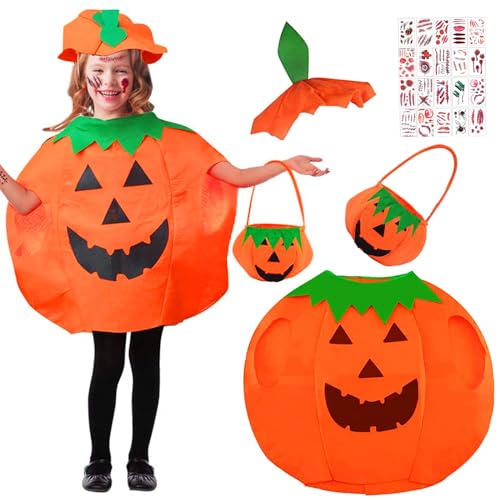 Qunkun Disfraz de calabaza para niños, para Halloween, con sombrero, con bolsillo para bomba, Halloween ropa de fiesta, traje unisex con 20 cicatrices temporales, pegatinas de tatuaje