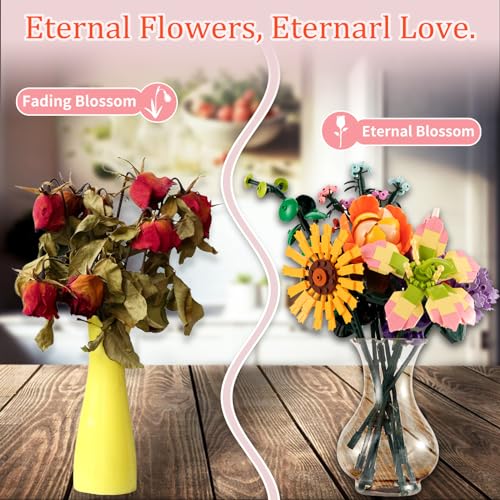 Ramo de Flores Set de Construcción, 845 PCS Flores Eternas Colección Botánica, 9 Estilos de Flower Artificiales, Regalo San Valentín/Cumpleaños/Día de la Madre para Adultos, Niñas 8+ Años