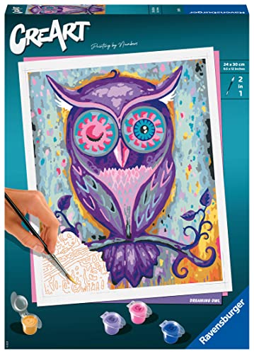 Ravensburger - CreArt El sueño del Búho , Kit para Pintar por Números, Contiene una Tabla Preimpresa 24x30 cm, Pincel, Colores y Accesorios, Juego Creativo Relajante para Adultos 14+ Años