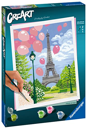 Ravensburger - CreArt Primavera en París, Kit para Pintar por Números, Contiene una Tabla Preimpresa 24x30 cm, Pincel, Colores y Accesorios, Juego Creativo Relajante para Adultos 14+ Años