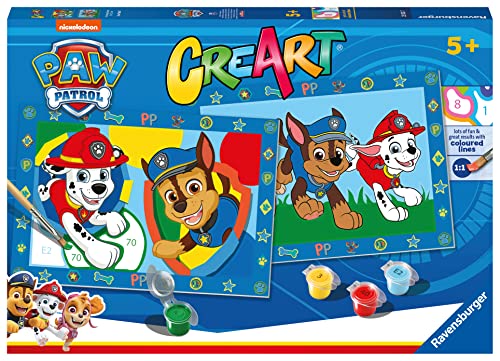 Ravensburger - CreArt Serie Junior: Paw Patrol, Kit para Pintar por Números, Contiene dos Tablas Preimpresas, un Pincel, Colores, Juego Creativo para Niños y Niñas 5+ Años