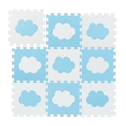 Relaxdays Alfombra Puzle Bebé, Diseño Nubes, 18 Piezas, de Goma EVA sin Sustancias Nocivas, 91,5x91,5 cm, Blanco y Azul, PE, PEVA, Set de 9