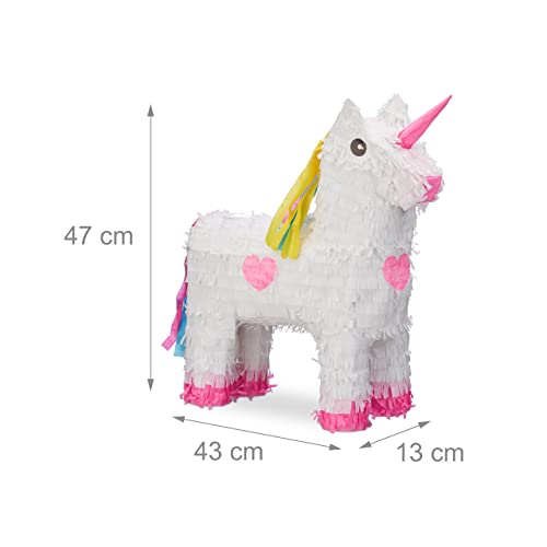 Relaxdays Piñata Unicornio, Color Blanco-Rosa, HxWxD: 47 x 43 x 13 cm (10022562)