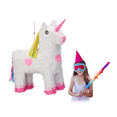 Relaxdays Piñata Unicornio, Color Blanco-Rosa, HxWxD: 47 x 43 x 13 cm (10022562)