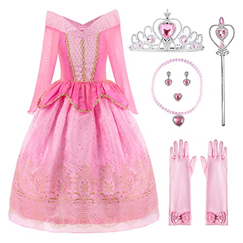 ReliBeauty Disfraz del Traje de la Princesa Aurora Ropa Rosa Partido Vestuario del La Bella Durmiente Vestido de Tul con la Lentejuela y el Ornamento de Oro niña con Accesorios, 120