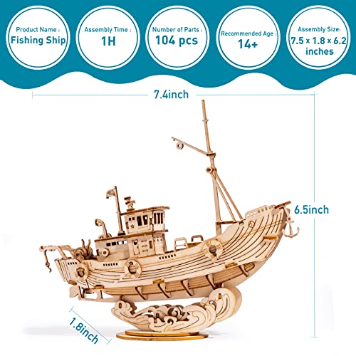 Robotime Rompecabezas de Madera 3D para niños y Adultos, Kits de construcción de Barcos, Juegos de Bricolaje de Rompecabezas artesanales para niños de 8 años en adelante (Barco de Pesca)