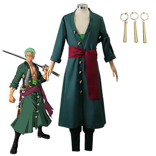 Roronoa Zoro Disfraz de Cosplay con peluca verde, después de 2 años Wano Country Zorro Verde Kimono Trajes, abrigo, pantalones, banda de cintura, cinturón, turbante y pendientes, disfraz de Halloween