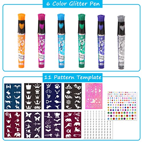 Rotuladores Tatuajes Temporales Niños 6pcs Tattoo Purpurina Niñas Pintar la Piel Rotulador Magic Marker Rotuladores Mágicos Perfecto para Tatuajes Fiesta con 80 Patrones 2 Hojas de Pedrería Facial