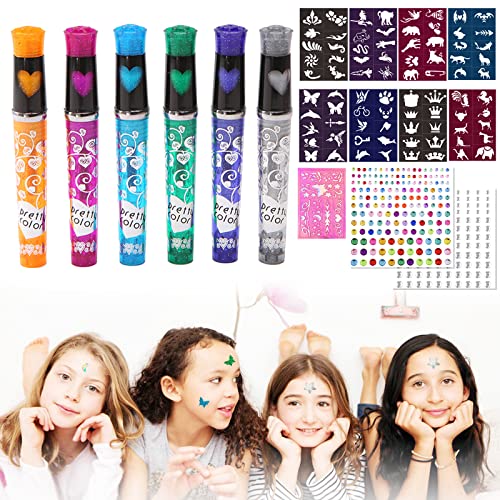 Rotuladores Tatuajes Temporales Niños 6pcs Tattoo Purpurina Niñas Pintar la Piel Rotulador Magic Marker Rotuladores Mágicos Perfecto para Tatuajes Fiesta con 80 Patrones 2 Hojas de Pedrería Facial