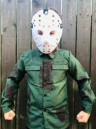 Rubber Johnnies Crystal Lake Killer, edad de 6 a 8 años, camisa verde sangrienta y máscara de hockey blanca, accesorio de película, accesorios de Halloween, disfraces de disfraces