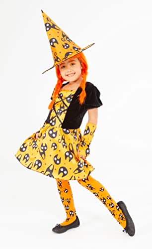 Rubies Disfraz Bruja Mininos Naranja para niña, Vestido de brujita color naranja con estampado de gatitos y sombrero a juego, Original de Rubies, para halloween, carnaval y cumpleaños