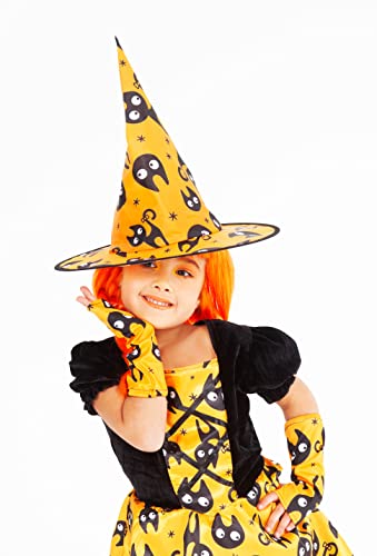 Rubies Disfraz Bruja Mininos Naranja para niña, Vestido de brujita color naranja con estampado de gatitos y sombrero a juego, Original de Rubies, para halloween, carnaval y cumpleaños