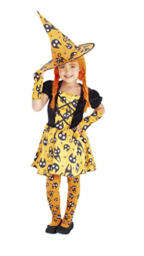 Rubies Disfraz Bruja Mininos Naranja para niña, Vestido de brujita color naranja con estampado de gatitos y sombrero a juego, Original de Rubies, para halloween, carnaval y cumpleaños