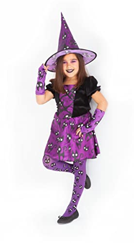 Rubies Disfraz Bruja Mininos Purpura para niña, Vestido de brujita color purpura con estampado de gatitos y sombrero a juego, Original, halloween, carnaval y cumpleaños, S8682-S