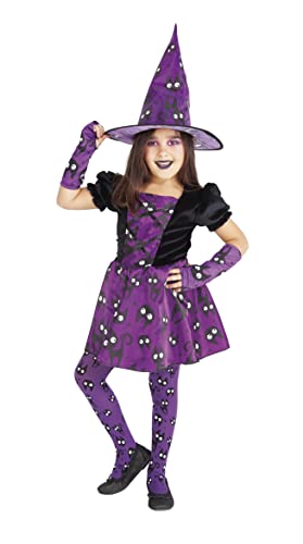 Rubies Disfraz Bruja Mininos Purpura para niña, Vestido de brujita color purpura con estampado de gatitos y sombrero a juego, Original, halloween, carnaval y cumpleaños, S8682-S