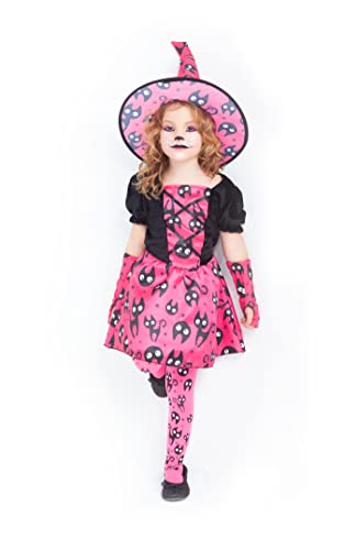 Rubies Disfraz Bruja Mininos Rosa para niña, Vestido de brujita color naranja con estampado de gatitos y sombrero a juego, Original de Rubies, para halloween, carnaval y cumpleaños