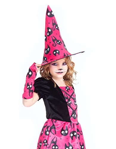 Rubies Disfraz Bruja Mininos Rosa para niña, Vestido de brujita color naranja con estampado de gatitos y sombrero a juego, Original de Rubies, para halloween, carnaval y cumpleaños