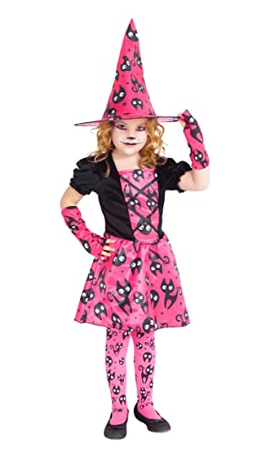 Rubies Disfraz Bruja Mininos Rosa para niña, Vestido de brujita color naranja con estampado de gatitos y sombrero a juego, Original de Rubies, para halloween, carnaval y cumpleaños