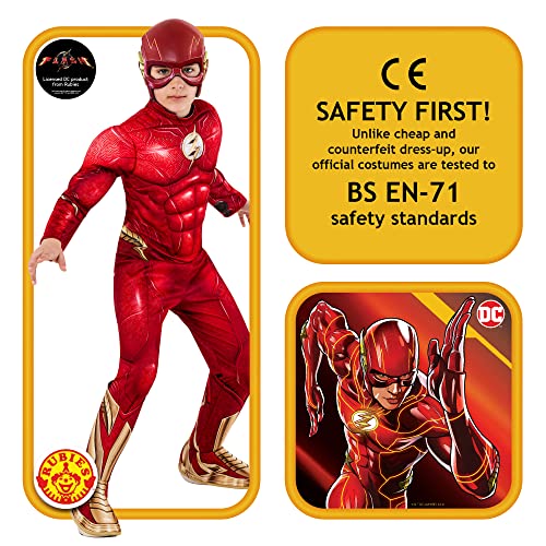 Rubies Disfraz The Flash Deluxe para niños, Jumpsuit con pecho musculoso, cubrebotas y máscara, Oficial DC Comics, The Flash para Carnaval, Halloween, Fiestas y Cumpleaños, M