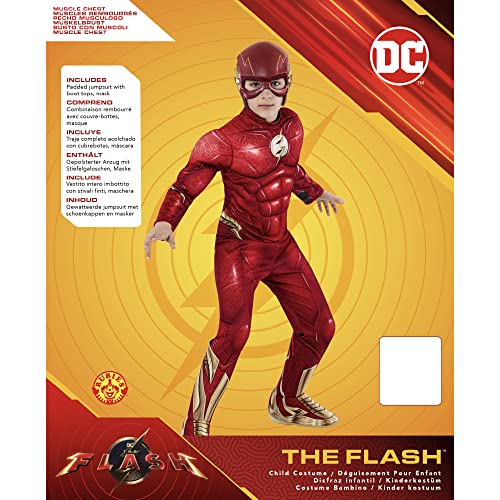 Rubies Disfraz The Flash Deluxe para niños, Jumpsuit con pecho musculoso, cubrebotas y máscara, Oficial DC Comics, The Flash para Carnaval, Halloween, Fiestas y Cumpleaños, M