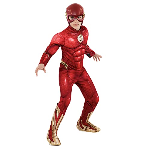 Rubies Disfraz The Flash Deluxe para niños, Jumpsuit con pecho musculoso, cubrebotas y máscara, Oficial DC Comics, The Flash para Carnaval, Halloween, Fiestas y Cumpleaños, M