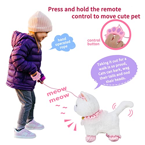 RuiDaXiang Gato de Peluche electrónico para Caminar con Correa de Control Remoto,Gato Mascota Interactivo Realista,Caminar, ladrar y menear la Cola,Incluye Accesorios para Gatos(Gato Blanco)