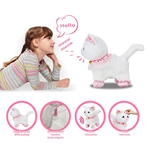 RuiDaXiang Gato de Peluche electrónico para Caminar con Correa de Control Remoto,Gato Mascota Interactivo Realista,Caminar, ladrar y menear la Cola,Incluye Accesorios para Gatos(Gato Blanco)