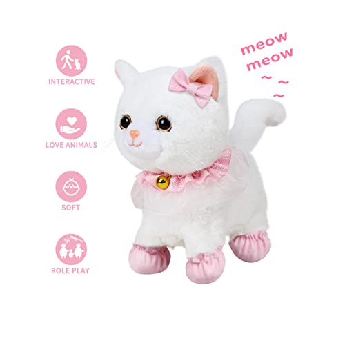 RuiDaXiang Gato de Peluche electrónico para Caminar con Correa de Control Remoto,Gato Mascota Interactivo Realista,Caminar, ladrar y menear la Cola,Incluye Accesorios para Gatos(Gato Blanco)