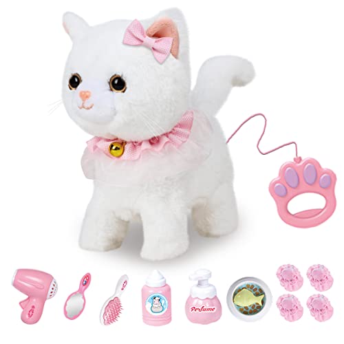 RuiDaXiang Gato de Peluche electrónico para Caminar con Correa de Control Remoto,Gato Mascota Interactivo Realista,Caminar, ladrar y menear la Cola,Incluye Accesorios para Gatos(Gato Blanco)