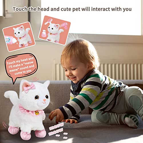 RuiDaXiang Gato de Peluche electrónico para Caminar con Correa de Control Remoto,Gato Mascota Interactivo Realista,Caminar, ladrar y menear la Cola,Incluye Accesorios para Gatos(Gato Blanco)