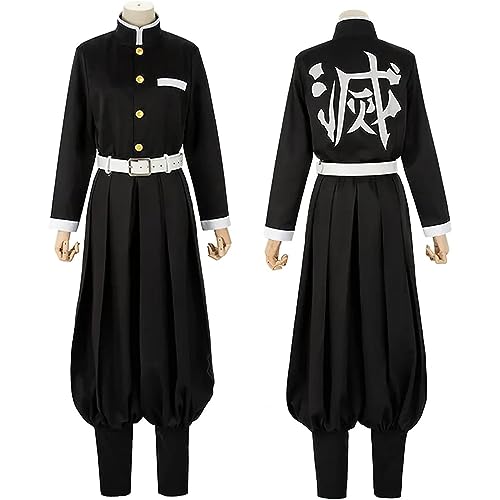 RUIZE Demon Slayer Anime Rengoku Kyoujurou Disfraz de cosplay con peluca, Kimetsu No Yaiba Kimono Capa Cardigan Conjunto completo Fiesta de Halloween Uniforme de cosplay,Negro,S