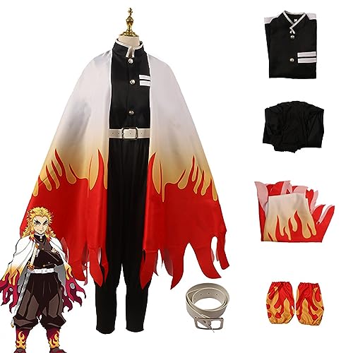 RUIZE Demon Slayer Anime Rengoku Kyoujurou Disfraz de cosplay con peluca, Kimetsu No Yaiba Kimono Capa Cardigan Conjunto completo Fiesta de Halloween Uniforme de cosplay,Negro,S