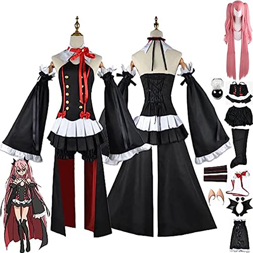 RUIZE Disfraz de Cosplay de Anime Seraph of The End, Personaje de Anime Krul Tepes Disfraz Uniforme con Peluca, Krul Tepes temática Halloween Abrigo Vestido Kimono Capa para niñas,Negro,XS