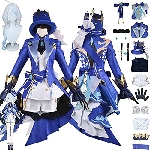 RUIZE Disfraz de Genshin Impact Cosplay, Traje de Disfraces con Peluca para Halloween Genshin, Disfraz de Cosplay de Kawaii Focalors, Focalors Kimono Outfit Maid Dress Capa para Niñas,Azul,M