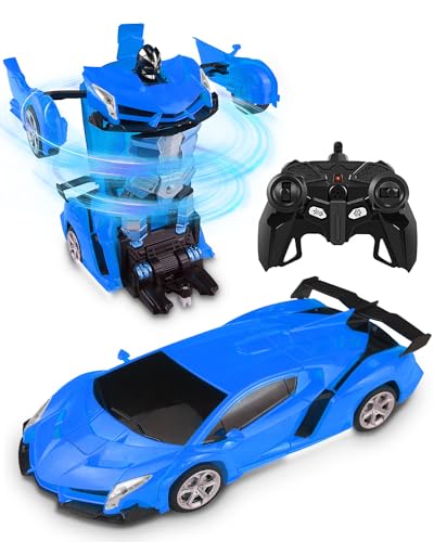 Rumicet Coche Teledirigido Transformers para Niños, 2 in 1 Coche Robot Teledirigido, 2.4GHz Coche Radiocontrol with LED, Transforming Toys Juguetes Regalo para niños de 3 4 5 6 7 años, Azul