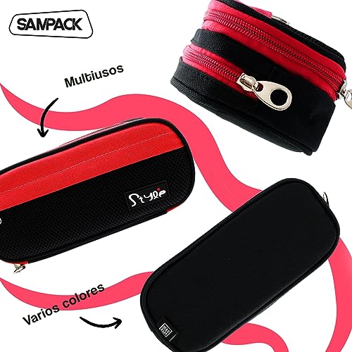 SAMPACK-MP, Estuche para Lápices, 3 Cremalleras, Ideal para Almacenar, Gran Capacidad, Ideal para la Escuela, Universidad, Trabajo, Unisex, Colores Azul con Celeste o Menta, Negro con Fucsia o Verde