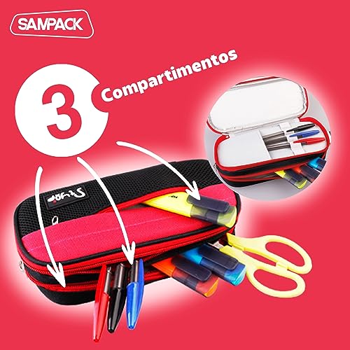 SAMPACK-MP, Estuche para Lápices, 3 Cremalleras, Ideal para Almacenar, Gran Capacidad, Ideal para la Escuela, Universidad, Trabajo, Unisex, Colores Azul con Celeste o Menta, Negro con Fucsia o Verde