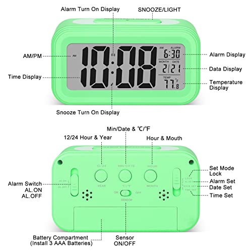 Sarsumir Despertador Digital, Reloj Despertador Digital Pilas Inteligente Silencioso con Luz Nocturna LED Despertador con Función de Posponer Temperatura de Fecha para Niños Infantil Adulto, Verde