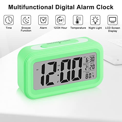 Sarsumir Despertador Digital, Reloj Despertador Digital Pilas Inteligente Silencioso con Luz Nocturna LED Despertador con Función de Posponer Temperatura de Fecha para Niños Infantil Adulto, Verde