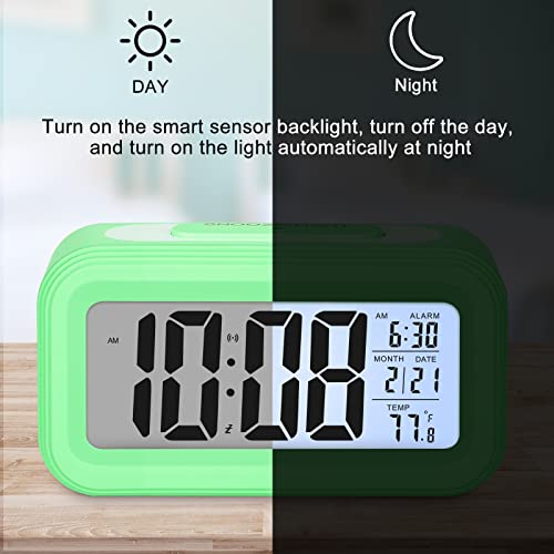 Sarsumir Despertador Digital, Reloj Despertador Digital Pilas Inteligente Silencioso con Luz Nocturna LED Despertador con Función de Posponer Temperatura de Fecha para Niños Infantil Adulto, Verde