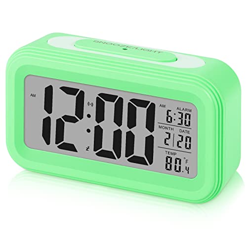 Sarsumir Despertador Digital, Reloj Despertador Digital Pilas Inteligente Silencioso con Luz Nocturna LED Despertador con Función de Posponer Temperatura de Fecha para Niños Infantil Adulto, Verde