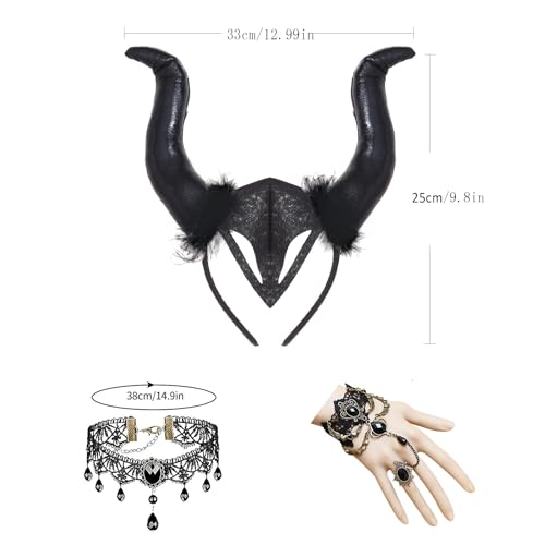 SFSSHUI Diadema De Cuerno Negro 3 Pcs,Halloween Cuernos Malefica,Con Collar De Encaje Gótico y Pulsera,Cuernos Malefica Mujer,Diadema Diablo Negro,Para Mujeres Cosplay Carnaval Halloween.