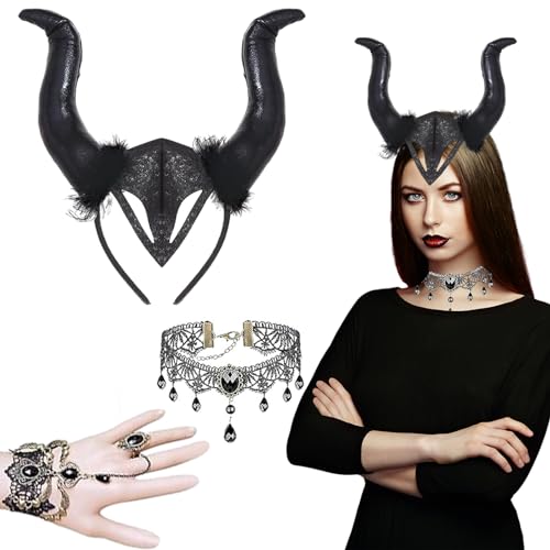 SFSSHUI Diadema De Cuerno Negro 3 Pcs,Halloween Cuernos Malefica,Con Collar De Encaje Gótico y Pulsera,Cuernos Malefica Mujer,Diadema Diablo Negro,Para Mujeres Cosplay Carnaval Halloween.