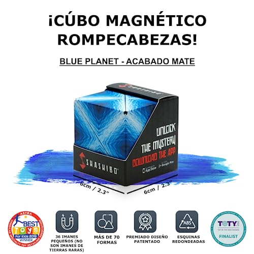 Shashibo Rompecabezas para Niños - Premiado Cubo Magnético Patentado con 36 Imanes de Tierras Raras - Asombroso Rompecabezas 3D – Juguete para Adultos Cubo Shashibo con más de 70 Formas (Blue Planet)