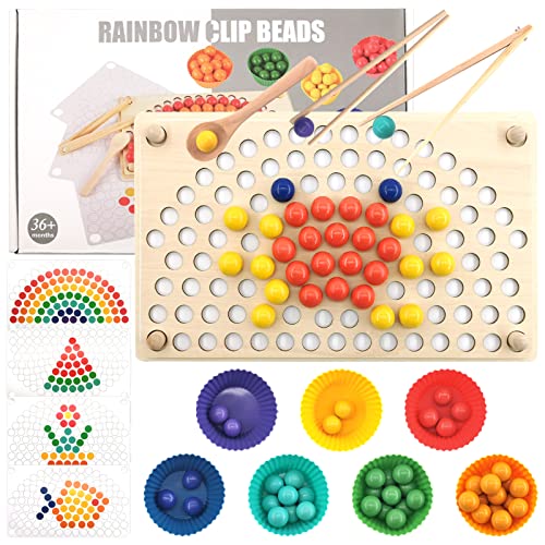 Shinybox Juego de Cuentas de Madera, Juguetes de Madera Niños, Juguete de Madera, Juguete de Juego de Perlas de Clip de Madera, Juguete Educativo Montessori, Regalos Educativos para Niños 3 4 5 Años