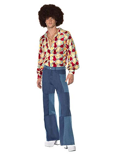 shoperama Disfraz retro de discoteca de los años 70 para hombre, camisa vaquera, pantalones vaqueros, patchwork, botón de baño, bailarina, festival, talla: L