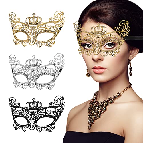 Sibba 3 MáScaras de Máscara Mujer Encaje Ojos Venecianos Enmascarados Mujer Accesorios Disfraces Máscara Baile Disfraz Halloween Fiesta Carnaval Noche Graduación Plata Negro Dorado (Estilo Corona)