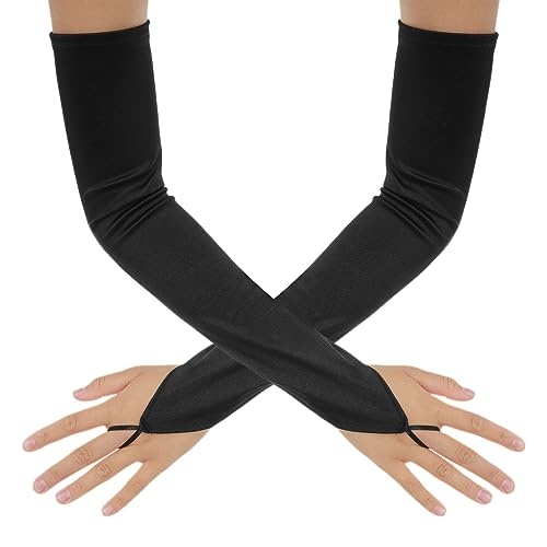 Sibba Guantes de cosplay, 1 unidad, color negro, sin dedos, largo, de encaje, de satén, manoplas para fiesta de ópera, red de pesca, manguito gótico, accesorio rave, longitud del codo, cinta formal de